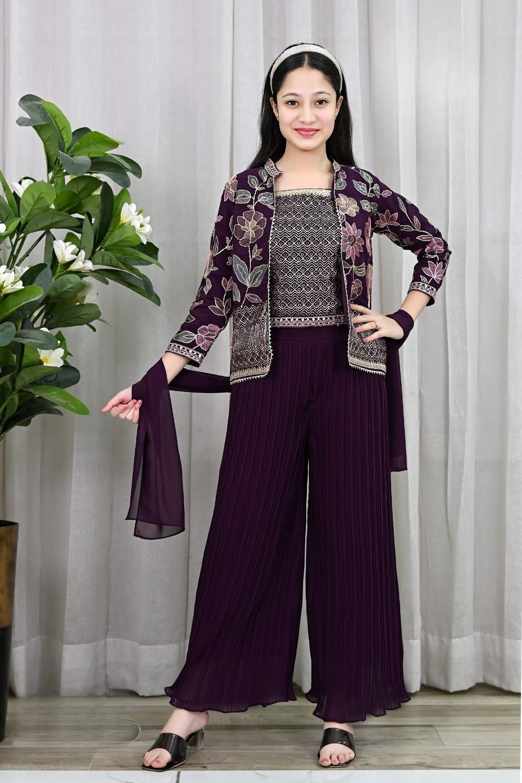 Royal Plum Embroidered Co-Ord Set for Girls