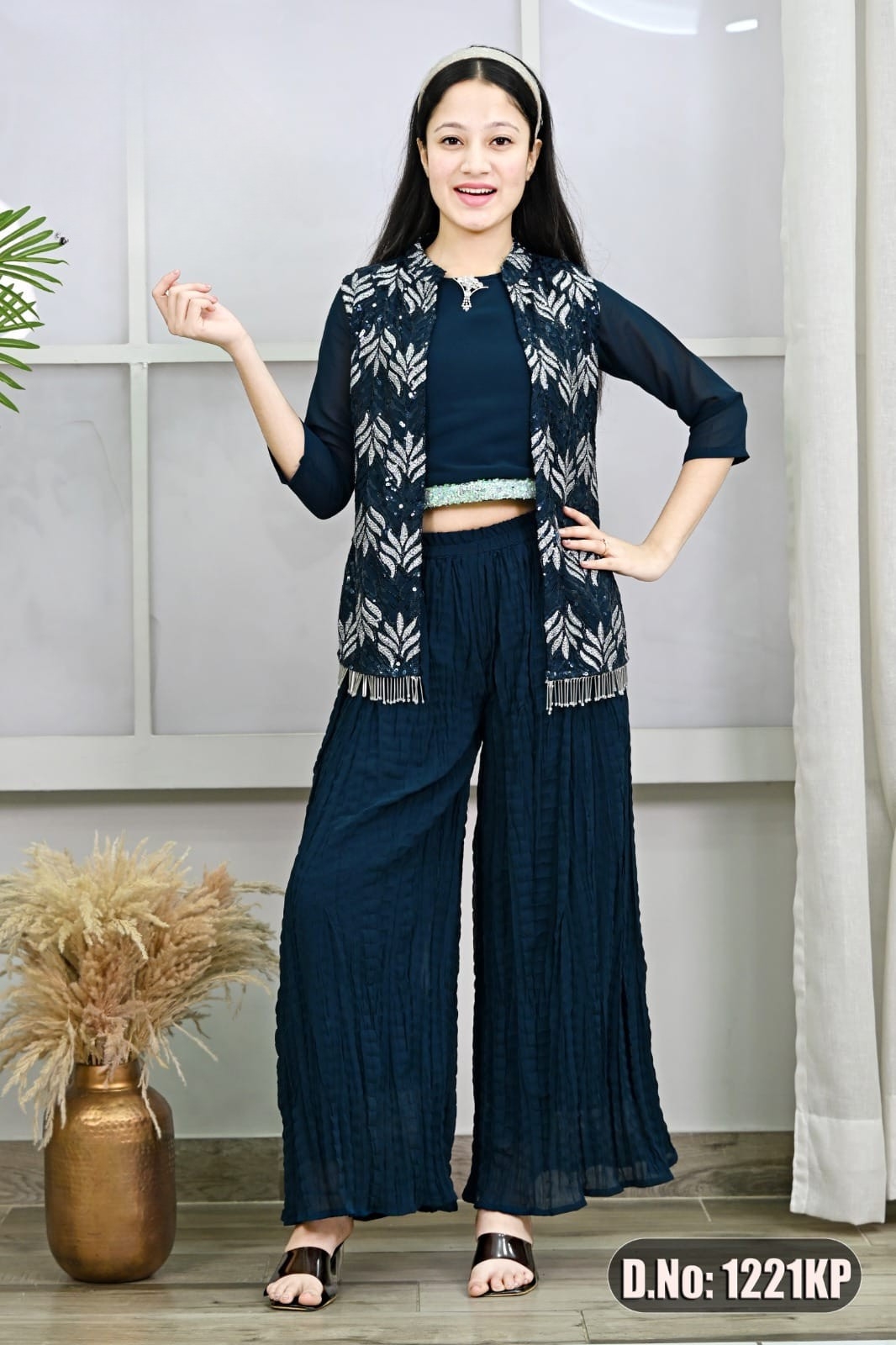 Midnight Blue Embroidered Co-Ord Set for Girls