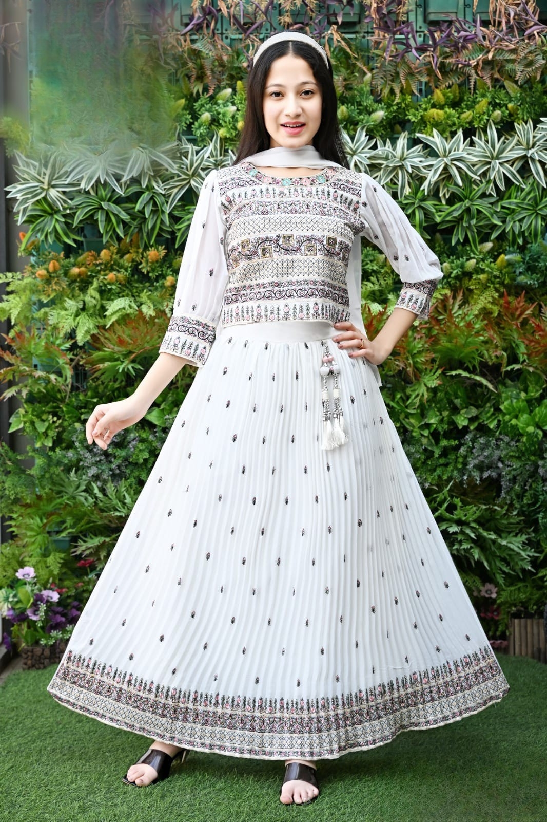 Ivory Bloom Pleated Festive Gown Set