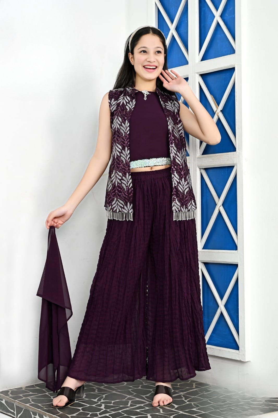 Royal Plum Sequin Cape Palazzo Set for Girls