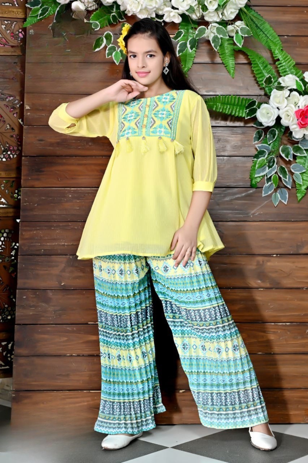 Lime Breeze Printed Palazzo Co-ord Set for Girls